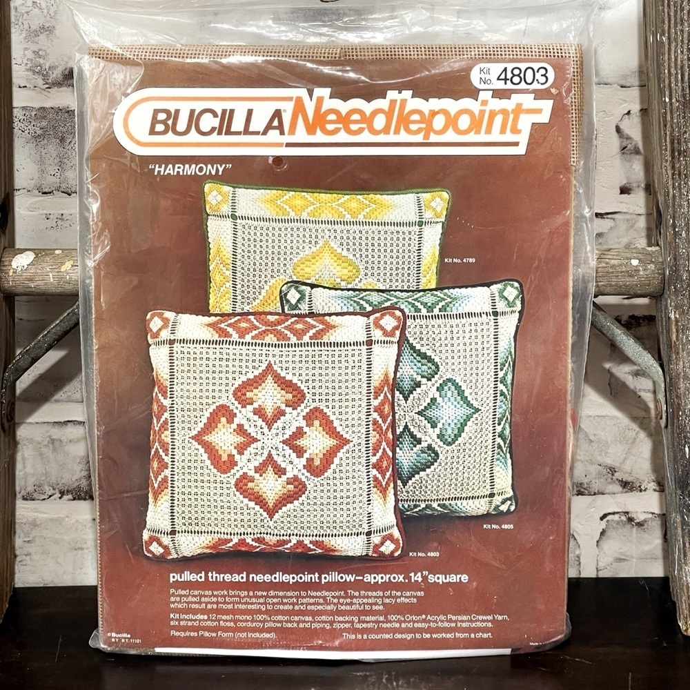 Vintage Bucilla 4803 Harmony Pulled Thread Needlepoint Pillow Kit Sealed Boho